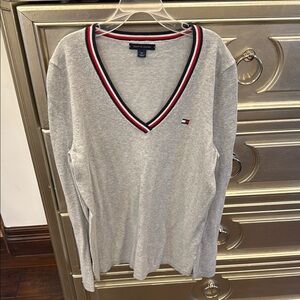 Tommy Hilfiger Light Gray V-Neck Sweater with Red and Black Trim